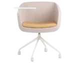 True Arca chair, front view with side table and fully upholstered wraparound shell on a four-star metal swivel base.