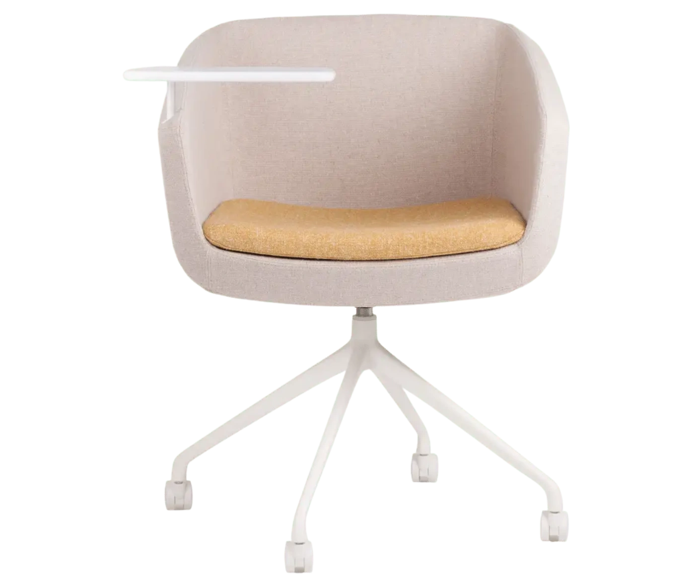 True Arca chair, front view with side table and fully upholstered wraparound shell on a four-star metal swivel base.