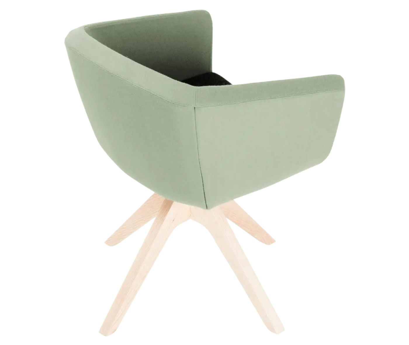 True Arca chair, back view with a light mint green fully upholstered shell, dark green seat pad, and timber swivel base.