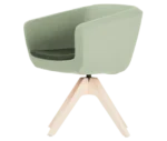 True Arca chair, front-left view with a light mint green fully upholstered shell, dark green seat pad, and timber swivel base.