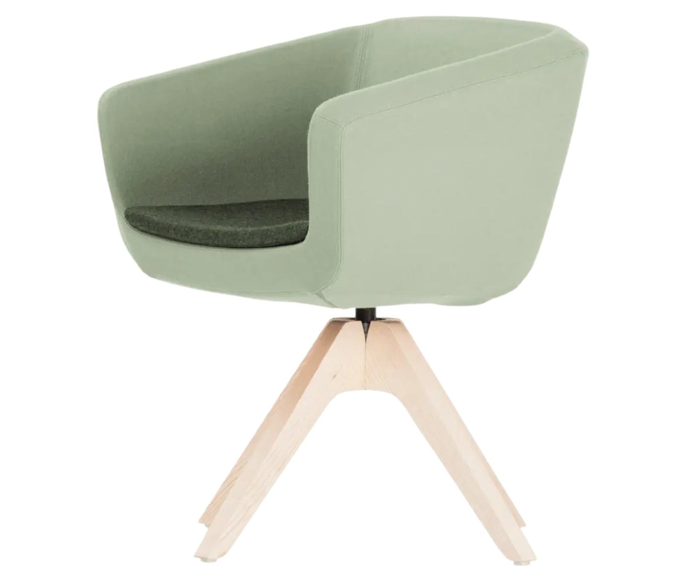 True Arca chair, front-left view with a light mint green fully upholstered shell, dark green seat pad, and timber swivel base.