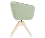 True Arca chair, right-side view with a light mint green fully upholstered shell, dark green seat pad, and timber swivel base.