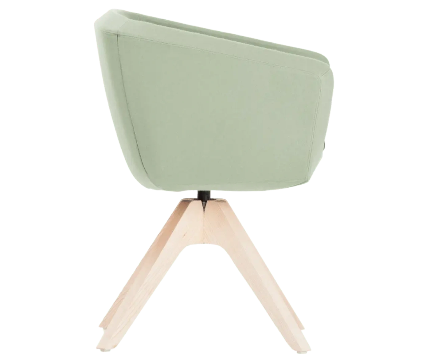 True Arca chair, right-side view with a light mint green fully upholstered shell, dark green seat pad, and timber swivel base.