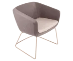 True Arca chair in top view with dark beige fully upholstered shell, white seat pad, and metal sled base.