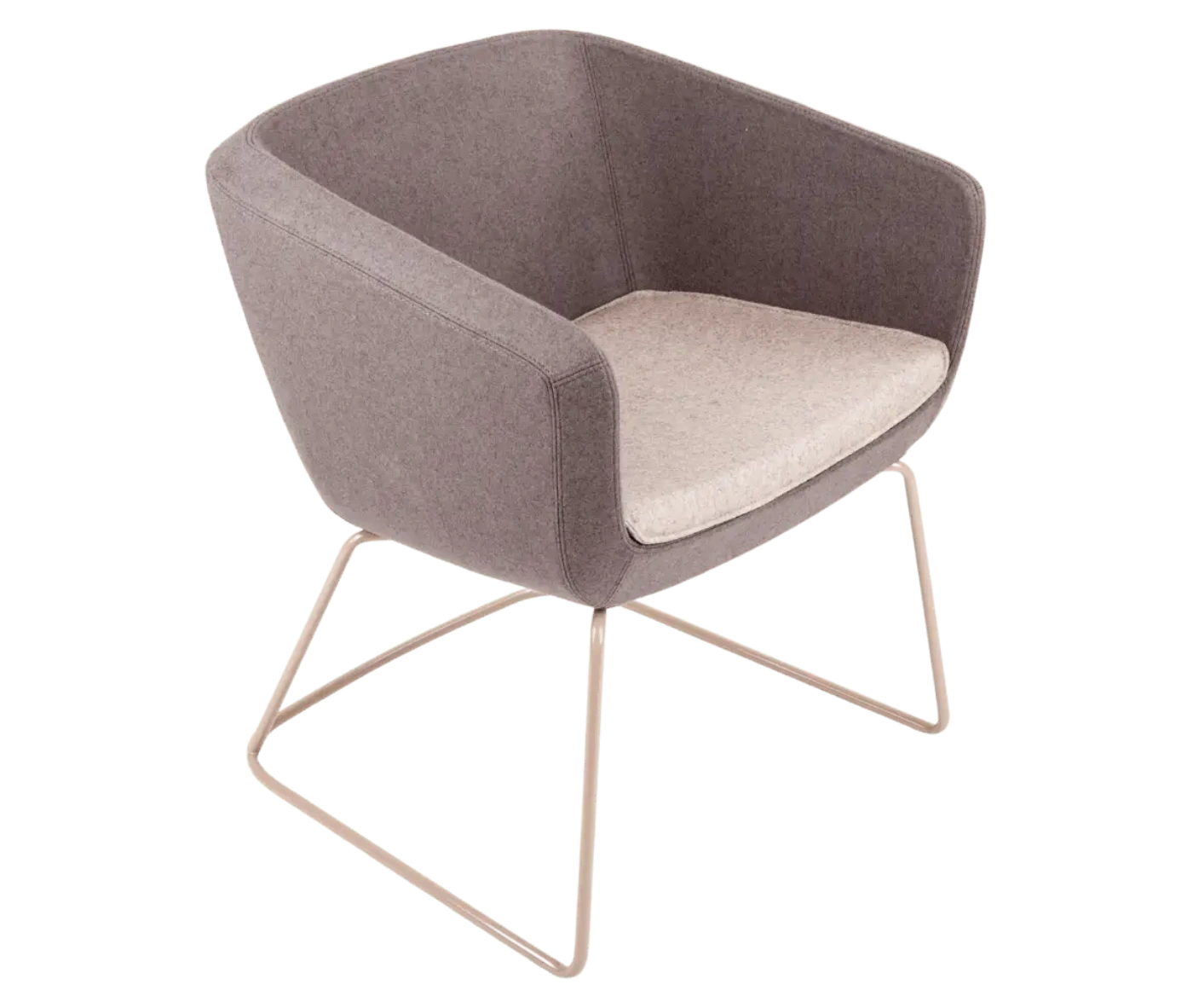 True Arca chair in top view with dark beige fully upholstered shell, white seat pad, and metal sled base.