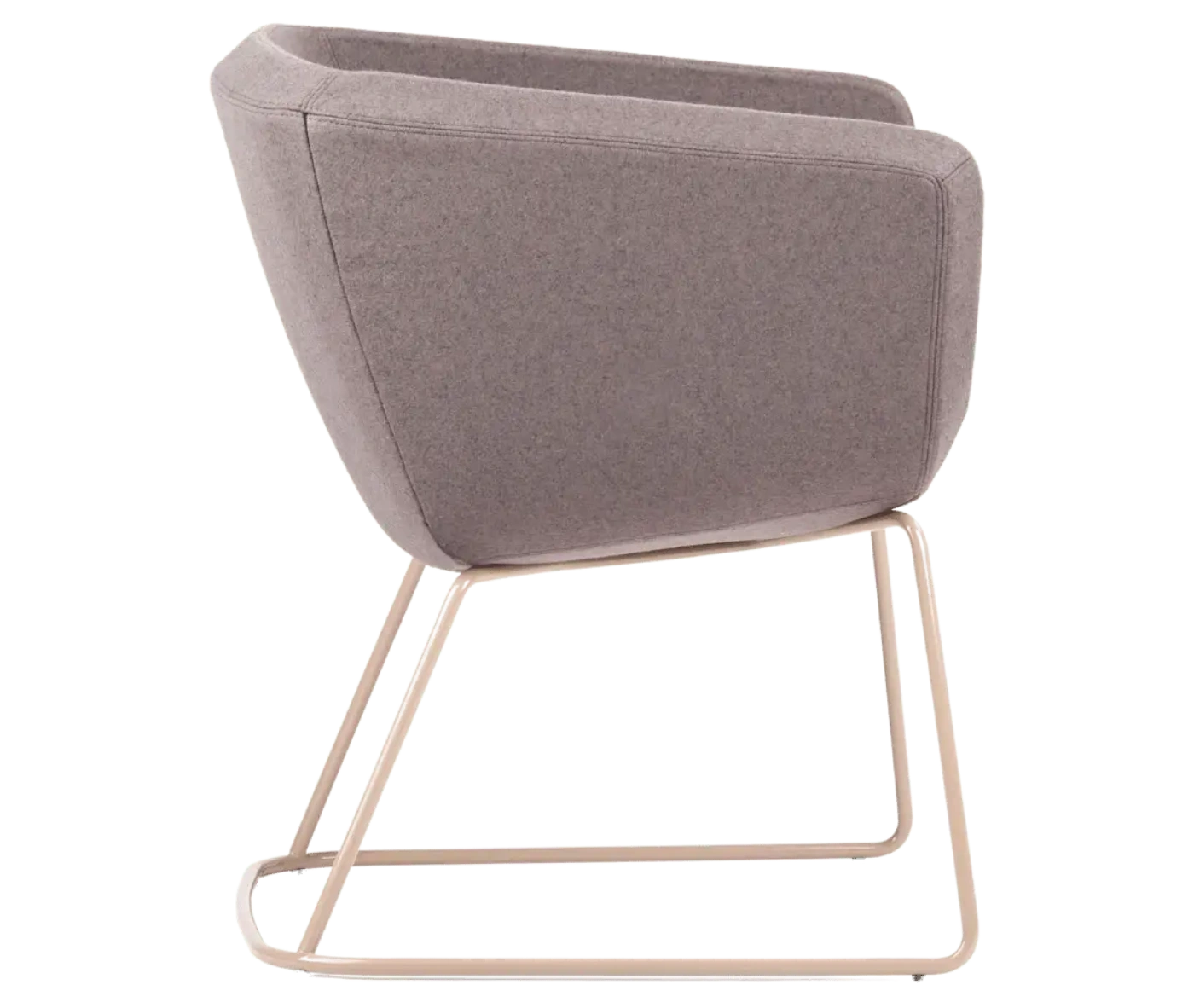 True Arca chair in right-side view with dark beige fully upholstered shell, and metal sled base.