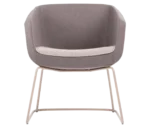 True Arca chair in front view with dark beige fully upholstered shell, white seat pad, and metal sled base.
