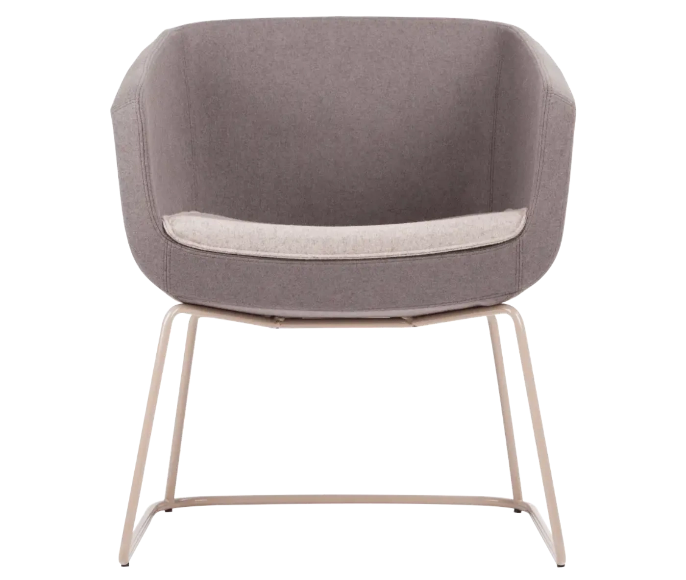 True Arca chair in front view with dark beige fully upholstered shell, white seat pad, and metal sled base.