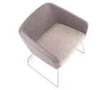 True Arca chair in topt view with dark beige fully upholstered shell, white seat pad, and metal sled base.