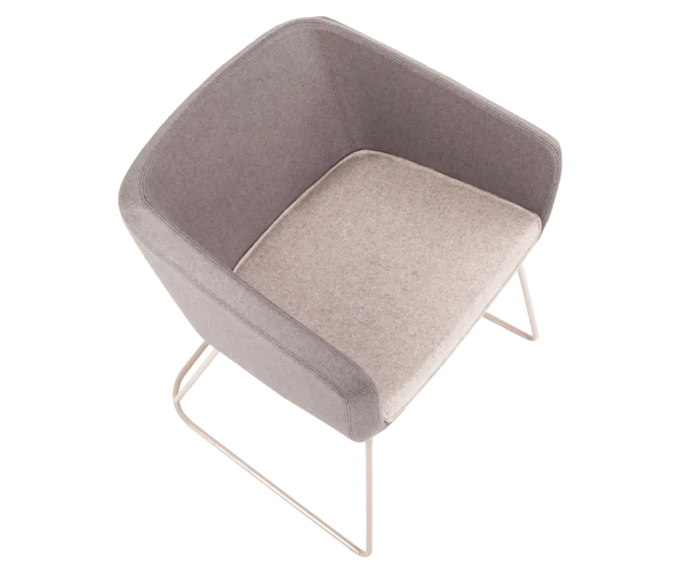 True Arca chair in topt view with dark beige fully upholstered shell, white seat pad, and metal sled base.