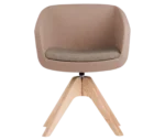 True Arca chair, front view with a beige fully upholstered shell, dark brown seat pad, and timber swivel base.