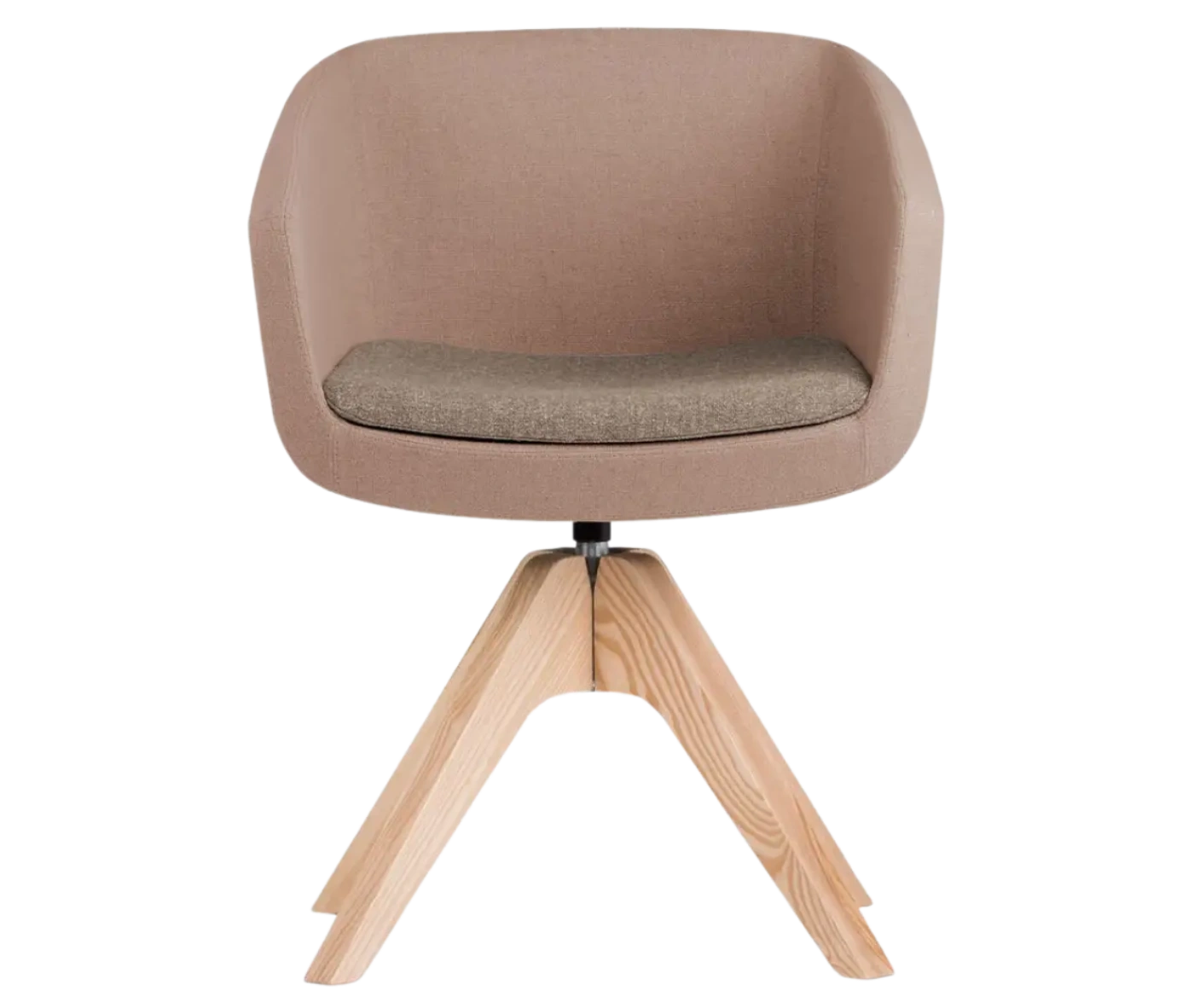 True Arca chair, front view with a beige fully upholstered shell, dark brown seat pad, and timber swivel base.