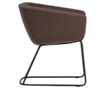 True Arca chair in right-side view with dark brown fully upholstered shell and metal sled base.