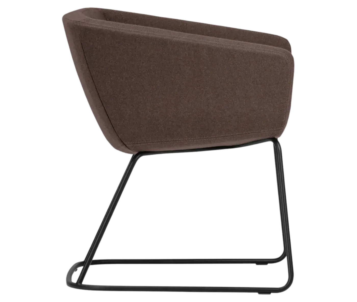 True Arca chair in right-side view with dark brown fully upholstered shell and metal sled base.