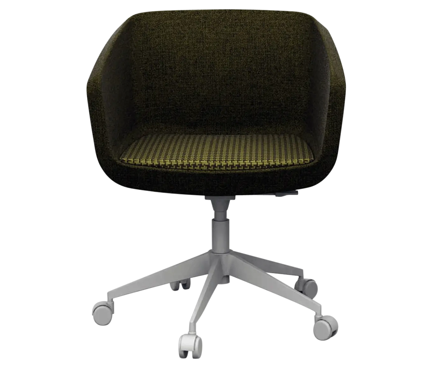 True Arca chair, front view with dark fully upholstered wraparound shell on a four-star metal swivel base.