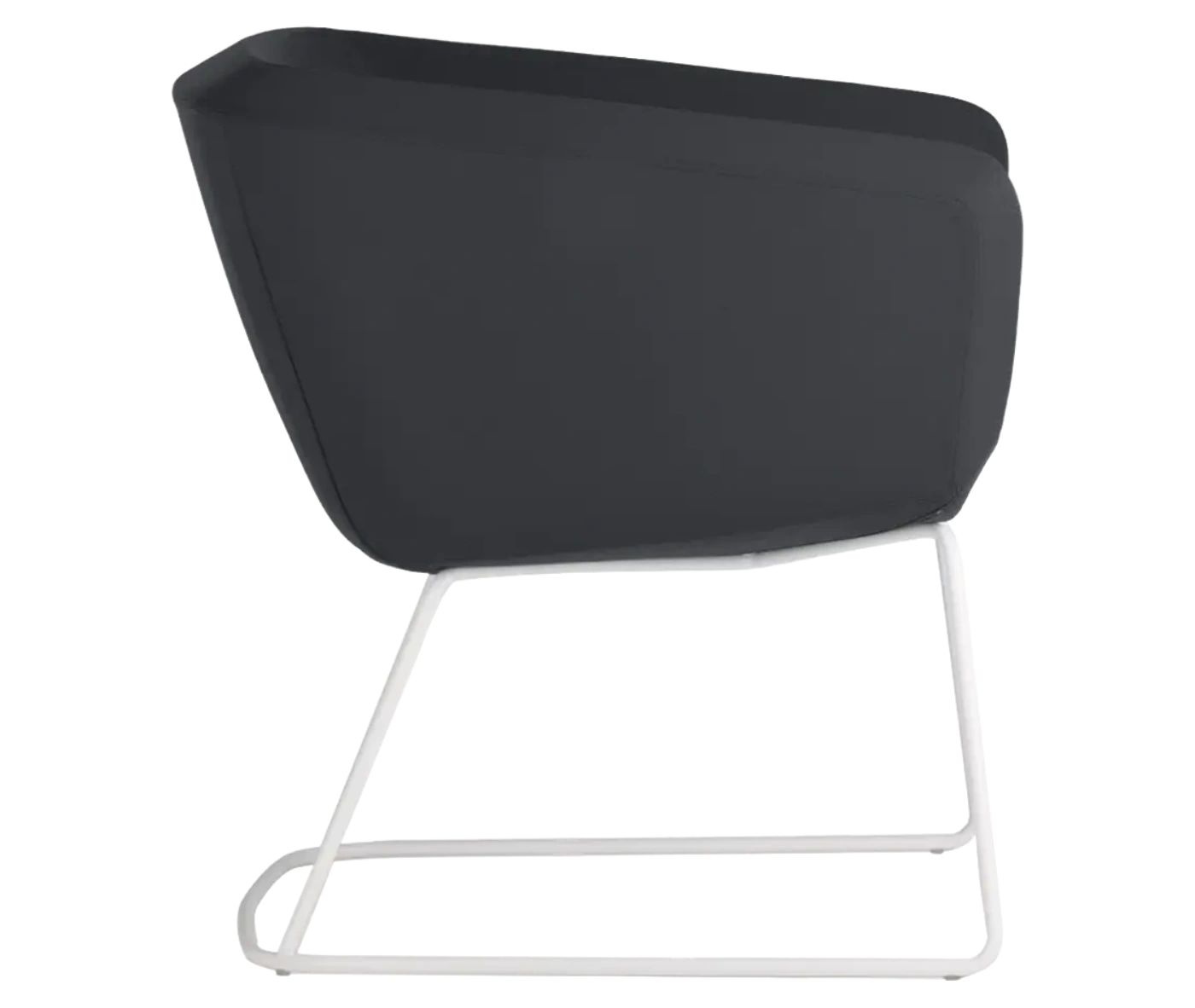 True Arca chair in right-side view with dark fully upholstered shell and metal sled base.