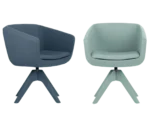 True Arca lounge chairs with fully upholstered shell, seat pads, and swivel timber base in different finishes.