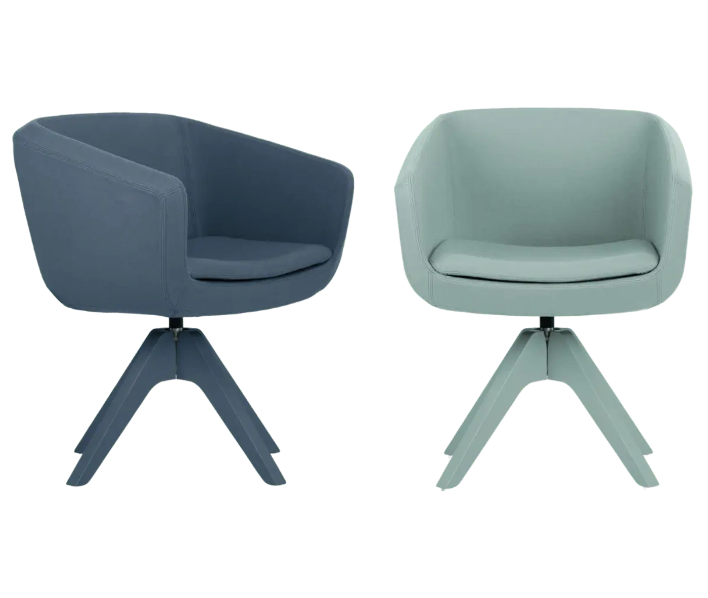 True Arca lounge chairs with fully upholstered shell, seat pads, and swivel timber base in different finishes.