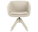 True Arca chair, front view with a white fully upholstered wraparound shell on a four-star timber swivel base.