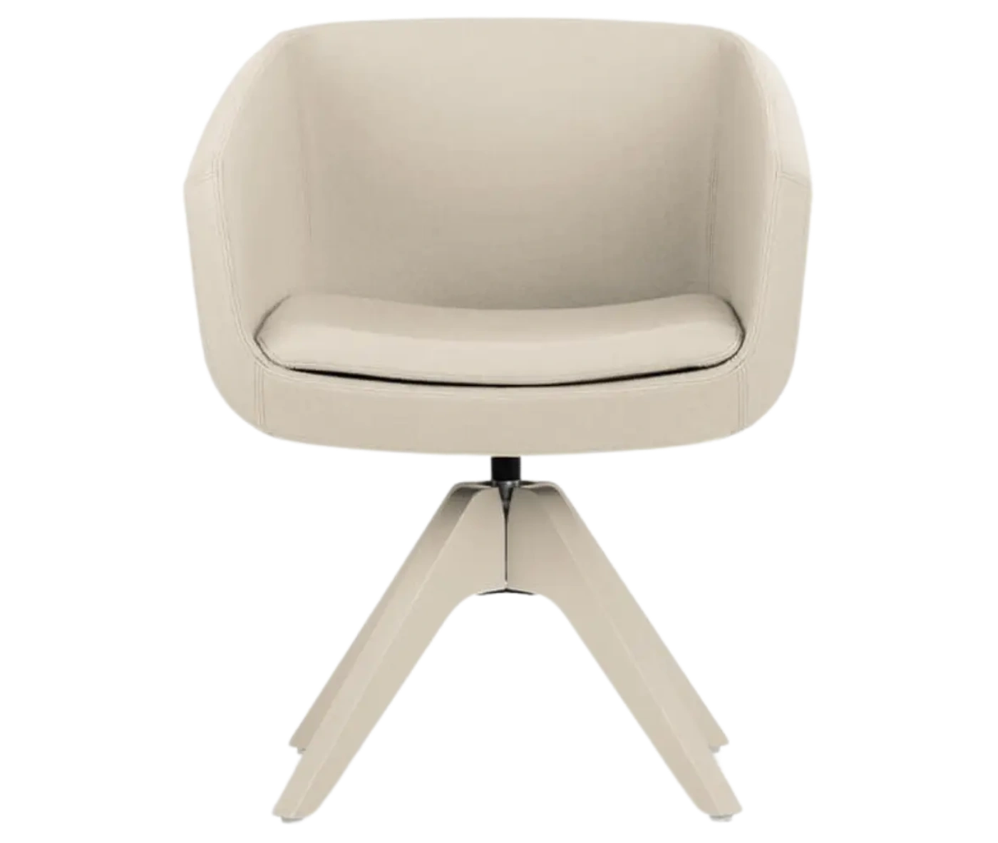 True Arca chair, front view with a white fully upholstered wraparound shell on a four-star timber swivel base.
