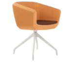 True Arca chair, front-right view with a light orange fully upholstered wraparound shell on a four-star metal swivel base.