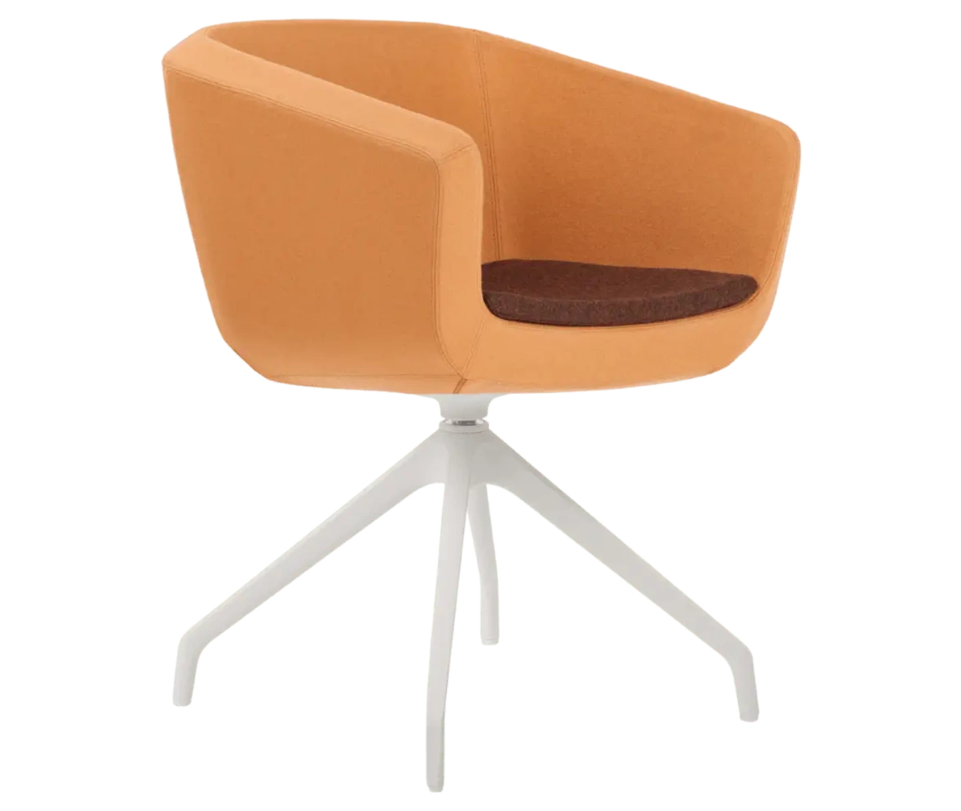 True Arca chair, front-right view with a light orange fully upholstered wraparound shell on a four-star metal swivel base.