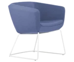 True Arca chair, front-right view with a muted blue fully upholstered wraparound shell on a metal sled base.