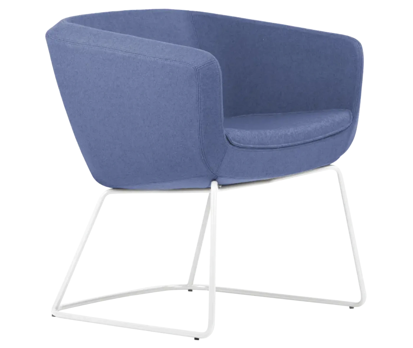 True Arca chair, front-right view with a muted blue fully upholstered wraparound shell on a metal sled base.