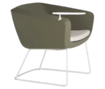 True Arca chair, front-right view with integrated side table, fully upholstered wraparound shell.