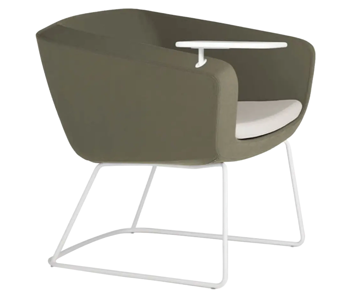 True Arca chair, front-right view with integrated side table, fully upholstered wraparound shell.