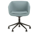 True Arca chair, front view with a light blue fully upholstered wraparound shell on a four-star metal swivel base.