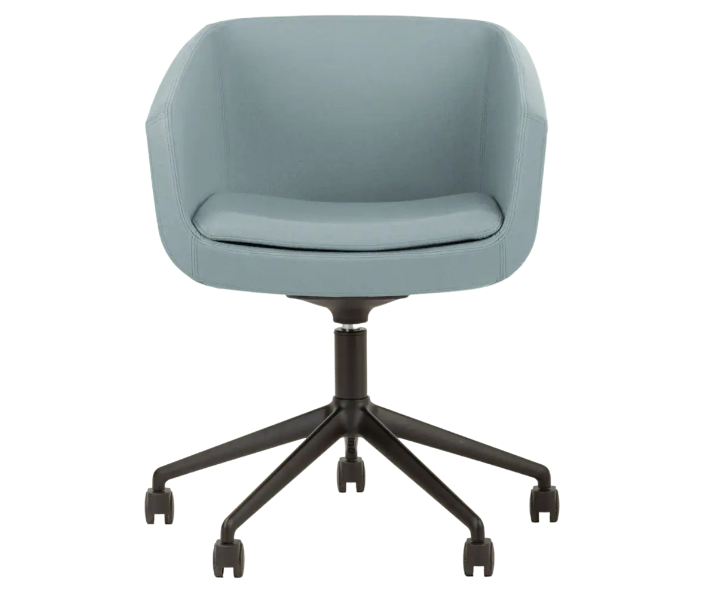 True Arca chair, front view with a light blue fully upholstered wraparound shell on a four-star metal swivel base.