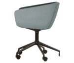 True Arca chair, left-side view with a light blue fully upholstered wraparound shell on a four-star metal swivel base.