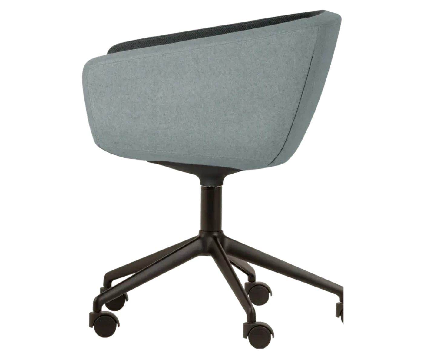 True Arca chair, left-side view with a light blue fully upholstered wraparound shell on a four-star metal swivel base.