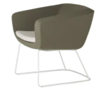True Arca lounge chair, angled left view with a grey fully upholstered wraparound shell and metal sled base.