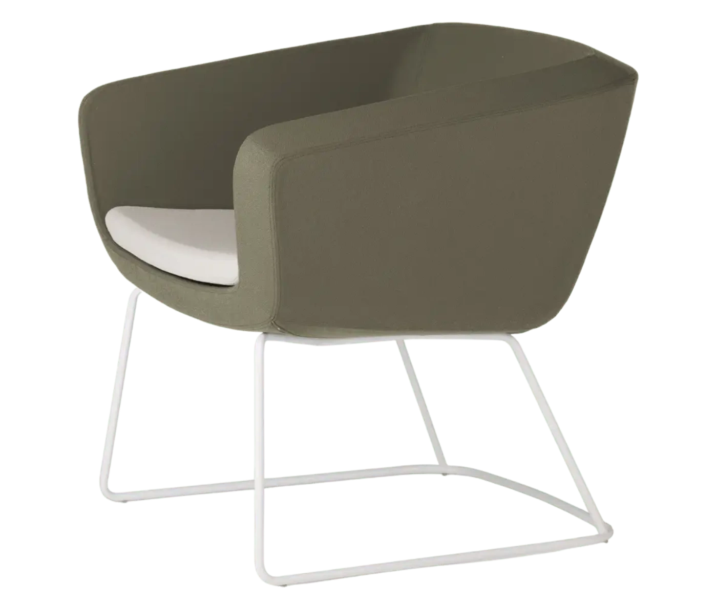True Arca lounge chair, angled left view with a grey fully upholstered wraparound shell and metal sled base.
