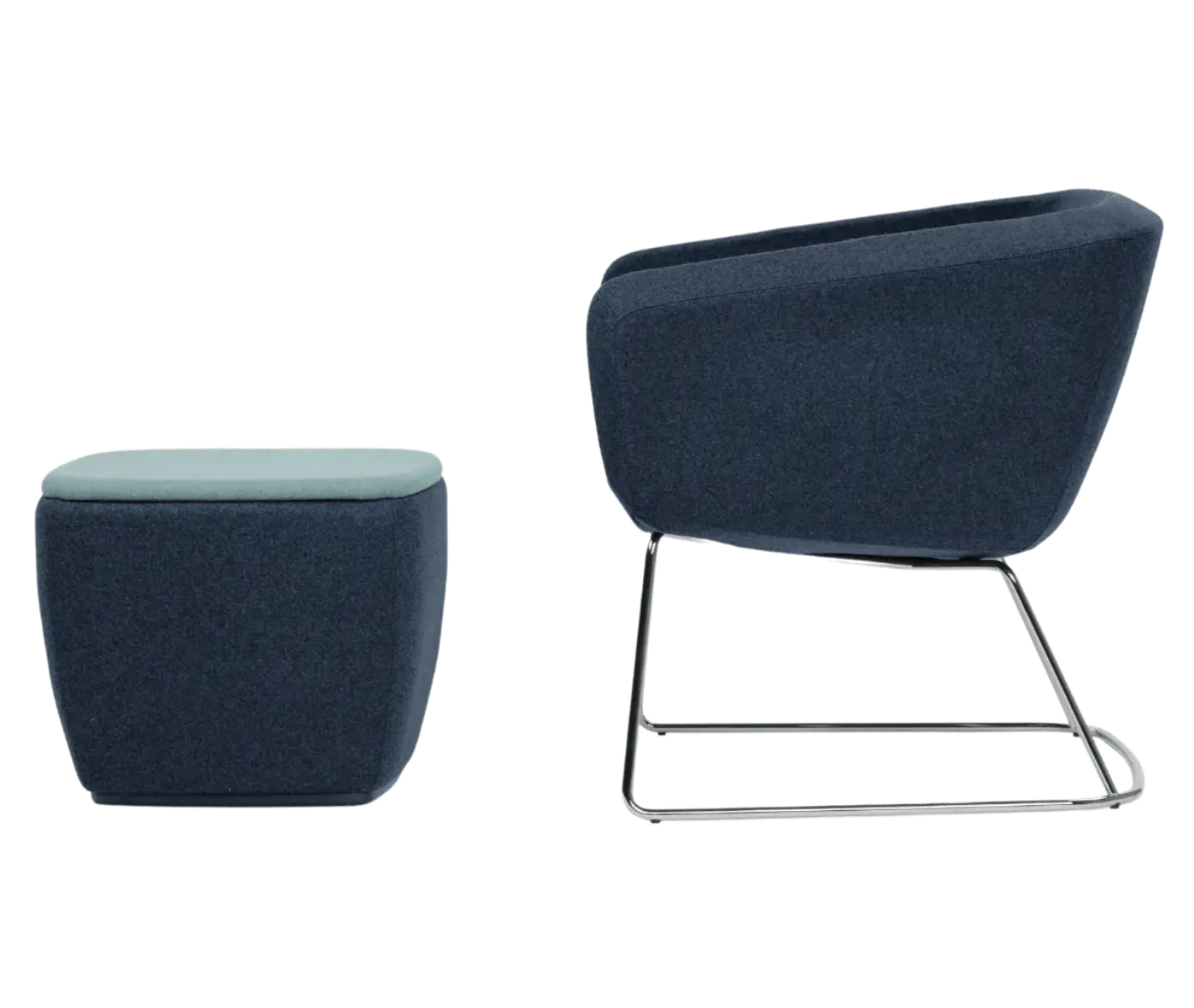 True Arca lounge chair, left-side view with a dark blue fully upholstered wraparound shell and metal sled base.