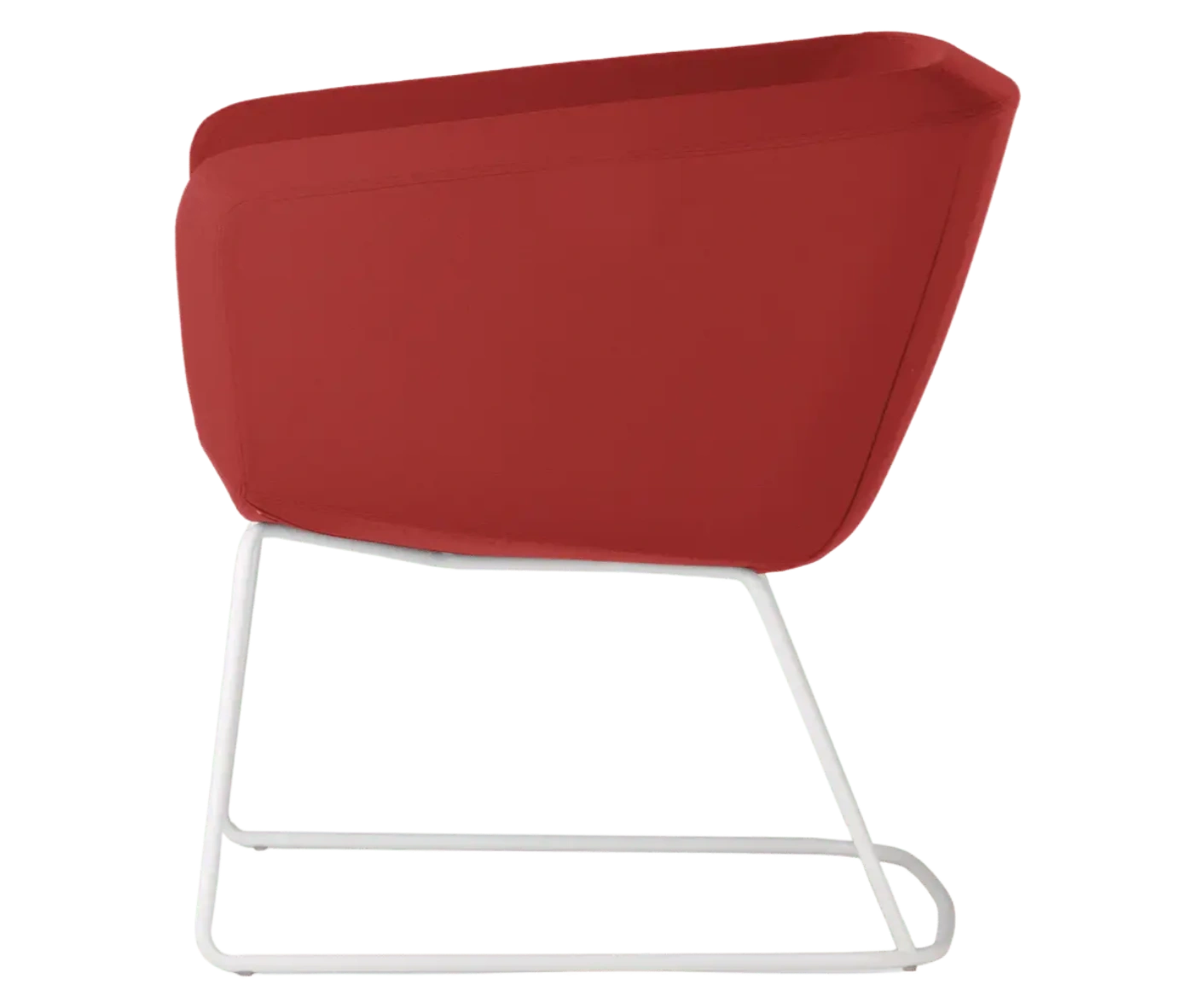 True Arca lounge chair, left-side view with a dark brown fully upholstered wraparound shell and metal sled base.