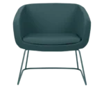 True Arca lounge chair, frint view with a blue green fully upholstered wraparound shell and metal sled base.