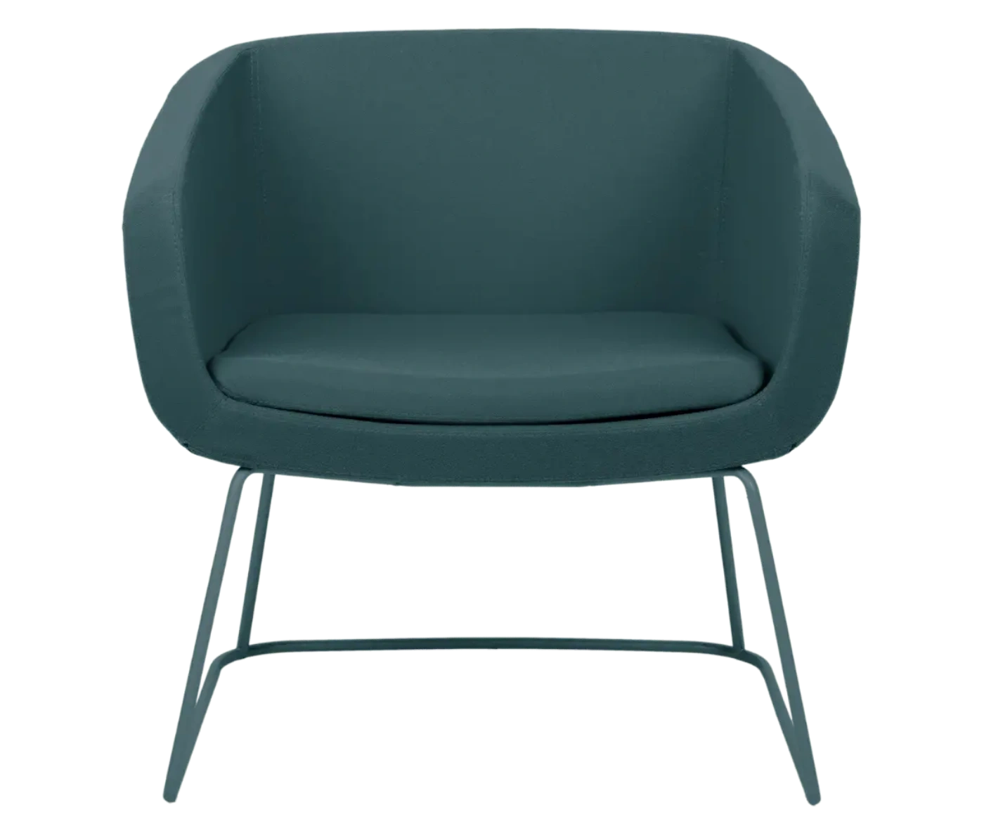 True Arca lounge chair, frint view with a blue green fully upholstered wraparound shell and metal sled base.