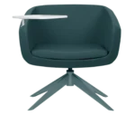 True Arca lounge chair, front view with a side table fully upholstered wraparound shell and swivel base.