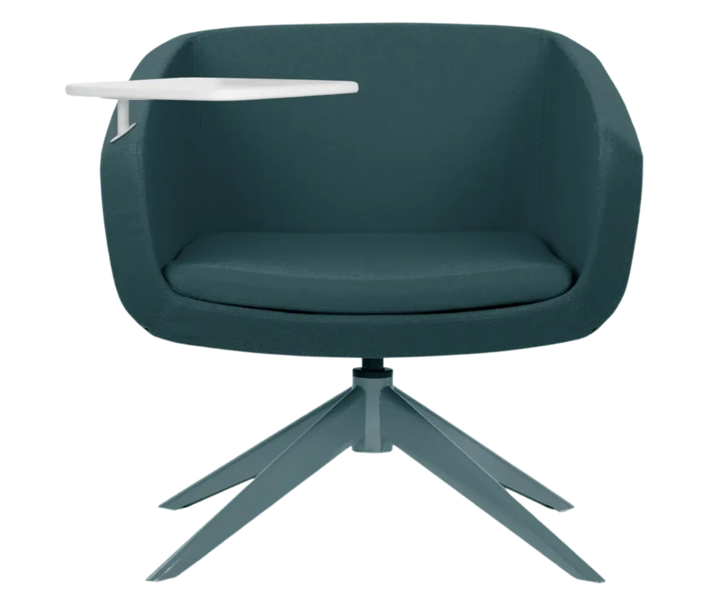 True Arca lounge chair, front view with a side table fully upholstered wraparound shell and swivel base.