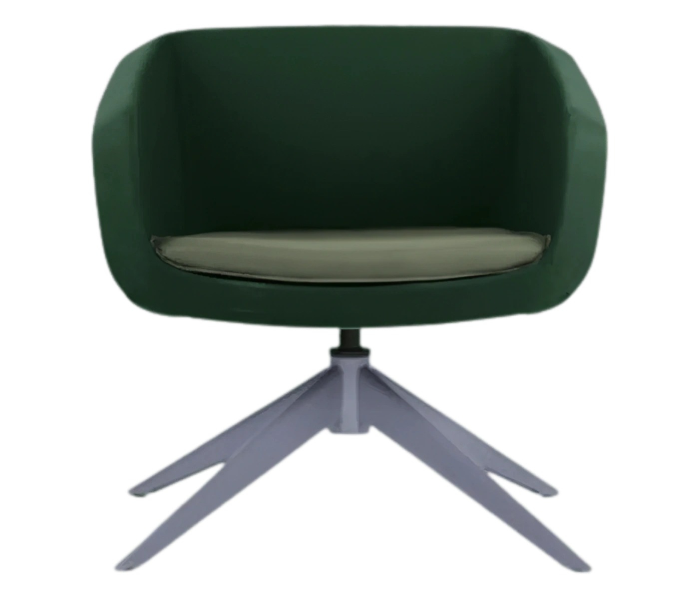 True Arca lounge chair, front view with a green fully upholstered wraparound shell and swivel base.