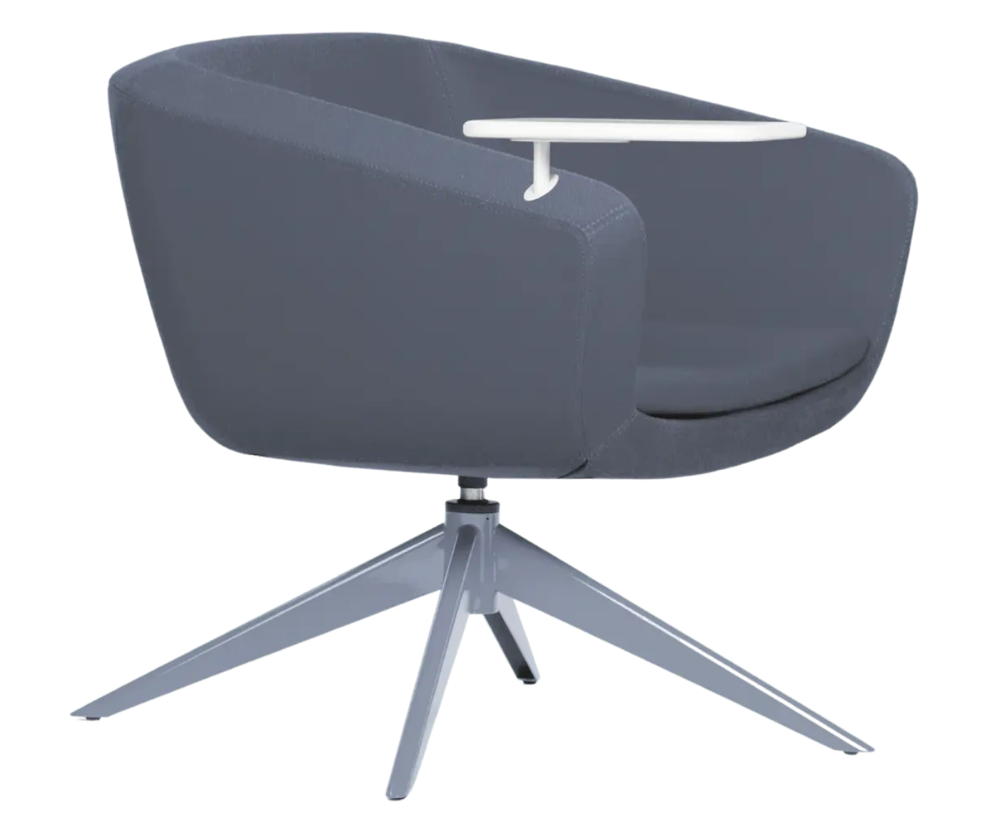 True Arca lounge chair, front-right view with a side table fully upholstered wraparound shell and swivel base.