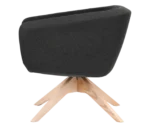 True Arca lounge chair, side view with a dark fully upholstered wraparound shell and timber swivel base.