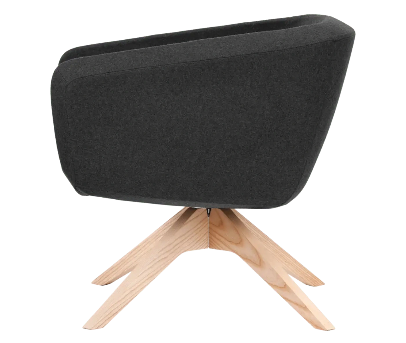True Arca lounge chair, side view with a dark fully upholstered wraparound shell and timber swivel base.