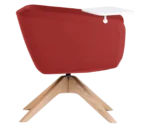 True Arca lounge chair, side view with a side table fully upholstered wraparound shell and timber swivel base.
