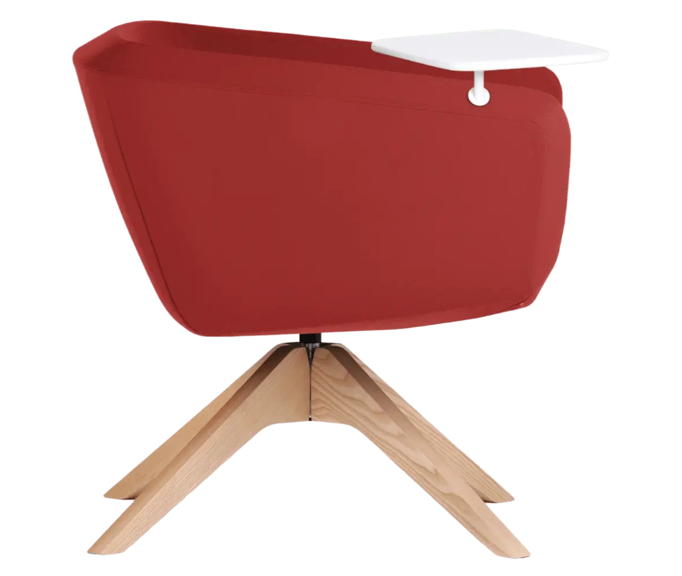 True Arca lounge chair, side view with a side table fully upholstered wraparound shell and timber swivel base.