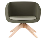 True Arca lounge chair, front view with a muted green fully upholstered wraparound shell and timber swivel base.