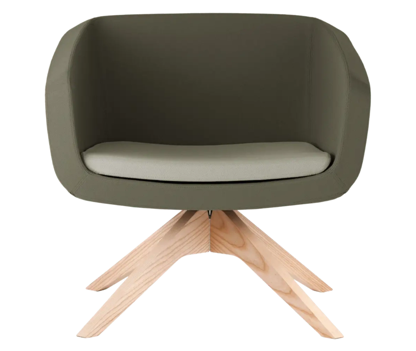 True Arca lounge chair, front view with a muted green fully upholstered wraparound shell and timber swivel base.